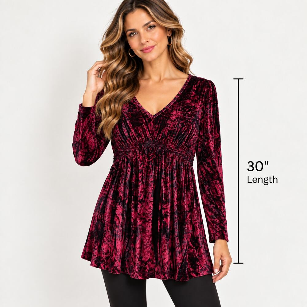 APT 9 Velvet Blouse Women's Size L Long Sleeve Black Maroon Stretch Whimsigoth